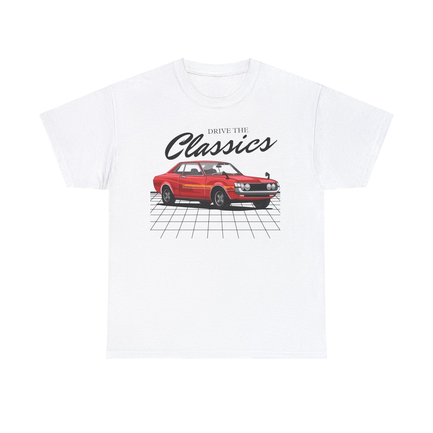 Toyota Celica MK1 Classic T-Shirt – white cotton shirt featuring first-generation A20/A30 Celica (1970–1977) with classic coupe styling and chrome accents, designed for vintage JDM car enthusiasts