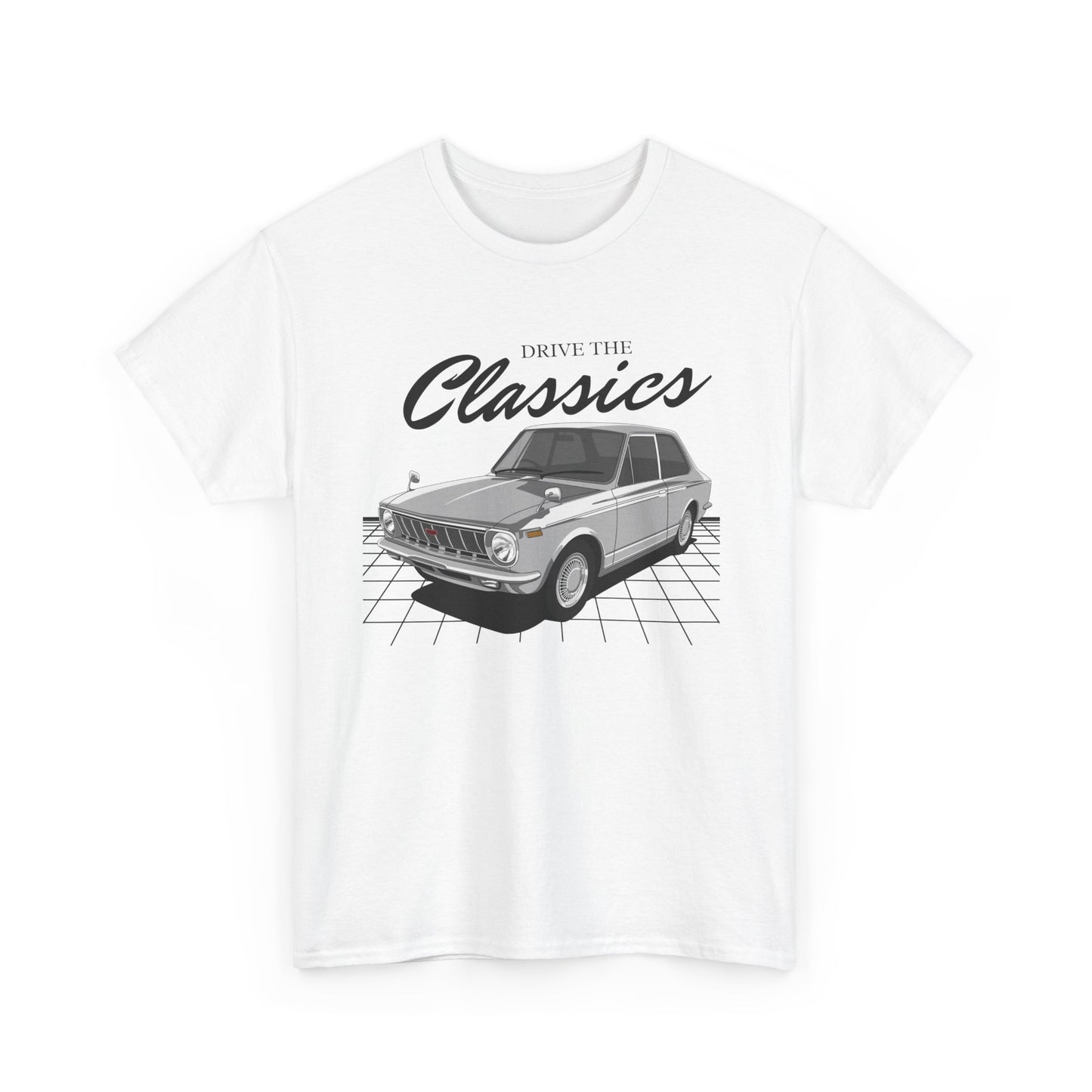 Toyota Corolla KE10 Classic T-Shirt – white cotton shirt featuring the Toyota Corolla KE10 (1966–1970) with distinctive design and performance features, designed for Japanese automotive enthusiasts.