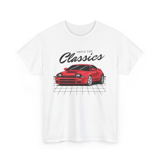 Toyota Celica MK5 T18 Classic T-Shirt – white cotton shirt featuring the Toyota Celica MK5 T18 (1989–1993) with distinctive design and performance features, designed for Japanese automotive enthusiasts
