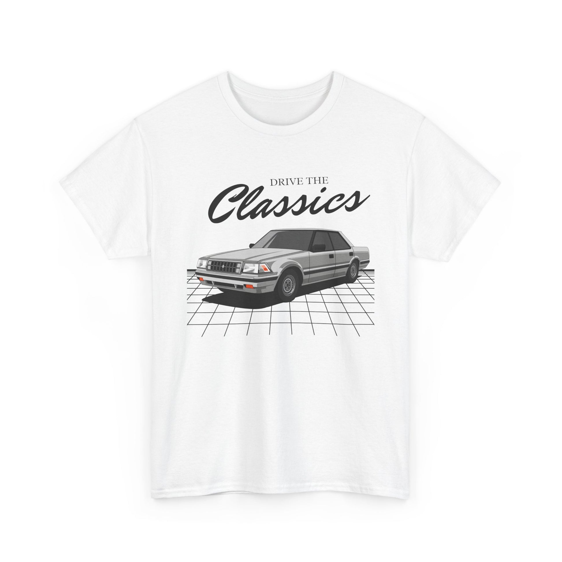 The seventh-gen Toyota Crown (S120, 1983–1987) combined 1980s executive style with rear-wheel drive and digital dash luxury. This T-shirt revives the golden era of Japanese flagship sedans.