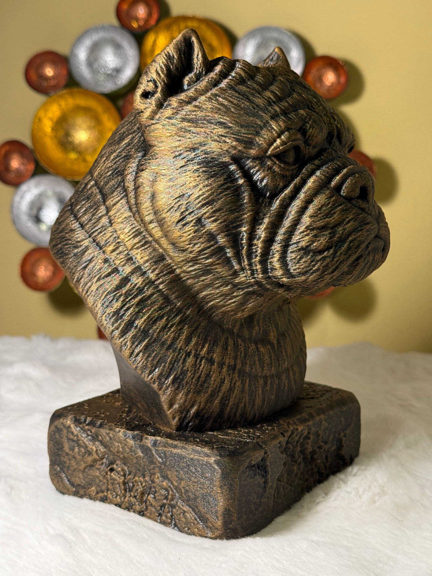 Exotic Bully bust detail – antique finish hand-painted 3D print sculpture for dog lovers