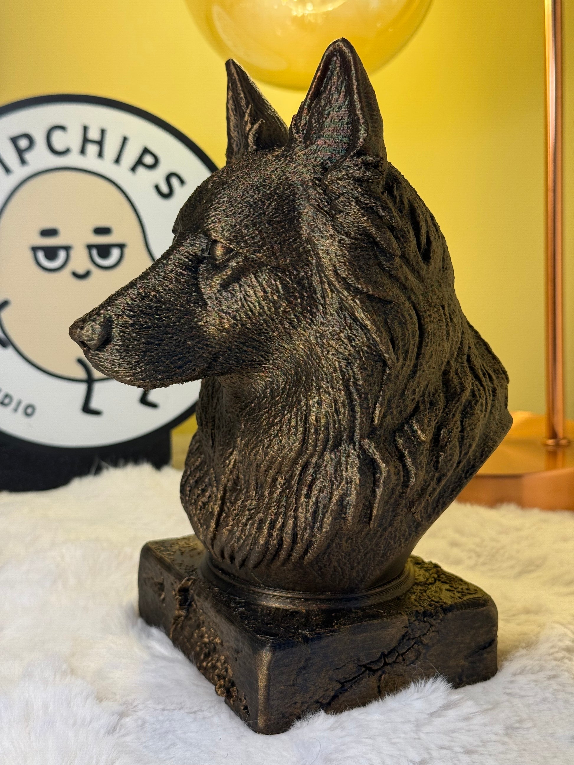 Long Haired German Shepherd side view antique style bust – Long Haired German Shepherd 3D printed dog statue home decor