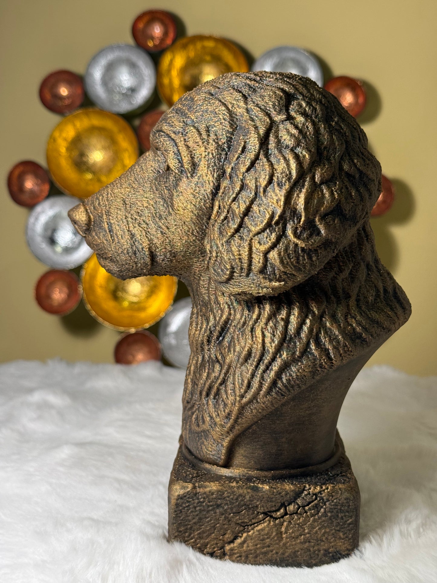 Goldendoodle bust detail – antique finish hand-painted 3D print sculpture for dog lovers