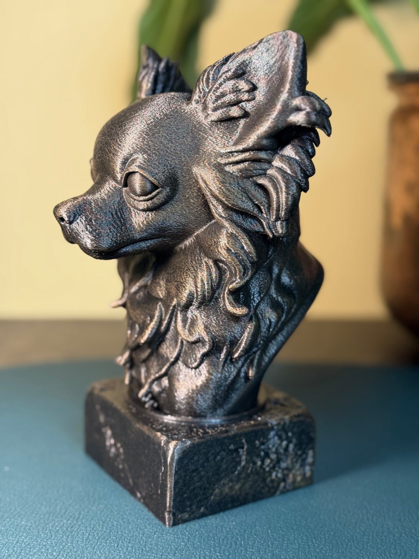 Long Haired Chihuahua side view antique style bust – Long Haired Chihuahua 3D printed dog statue home decor