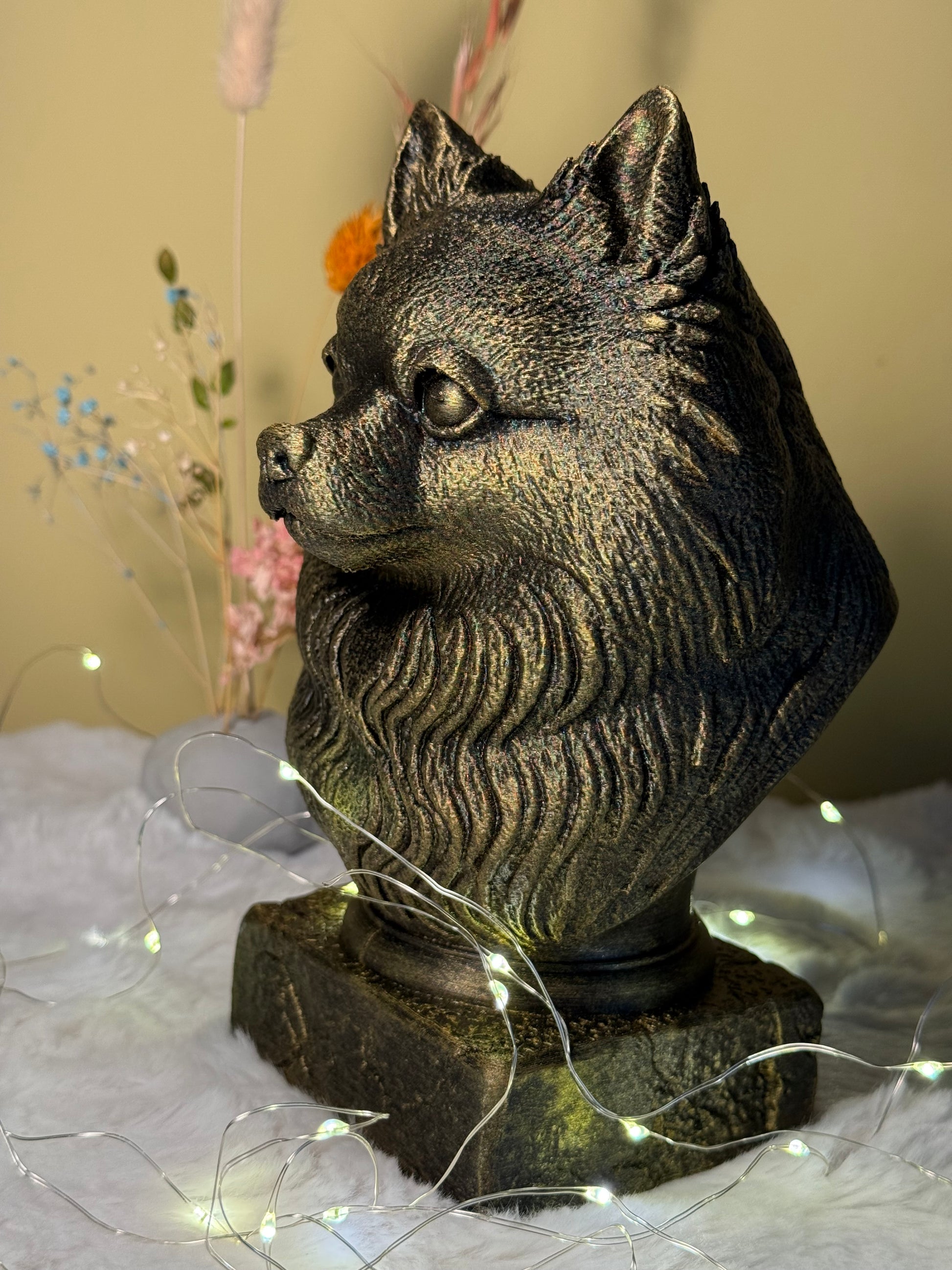 Pomsky side view antique style bust – Pomsky 3D printed dog statue home decor