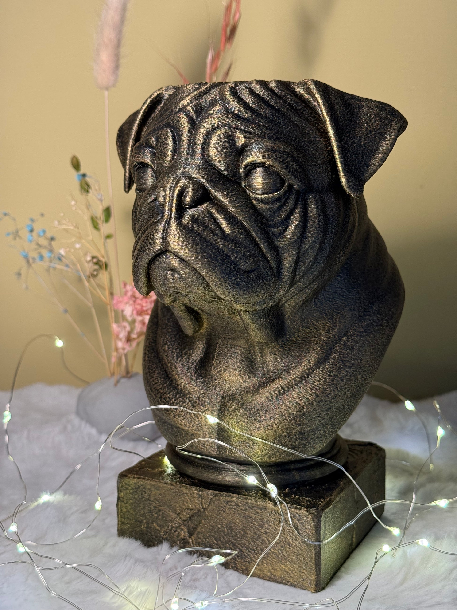 Pug side view antique style bust – Pug 3D printed dog statue home decor