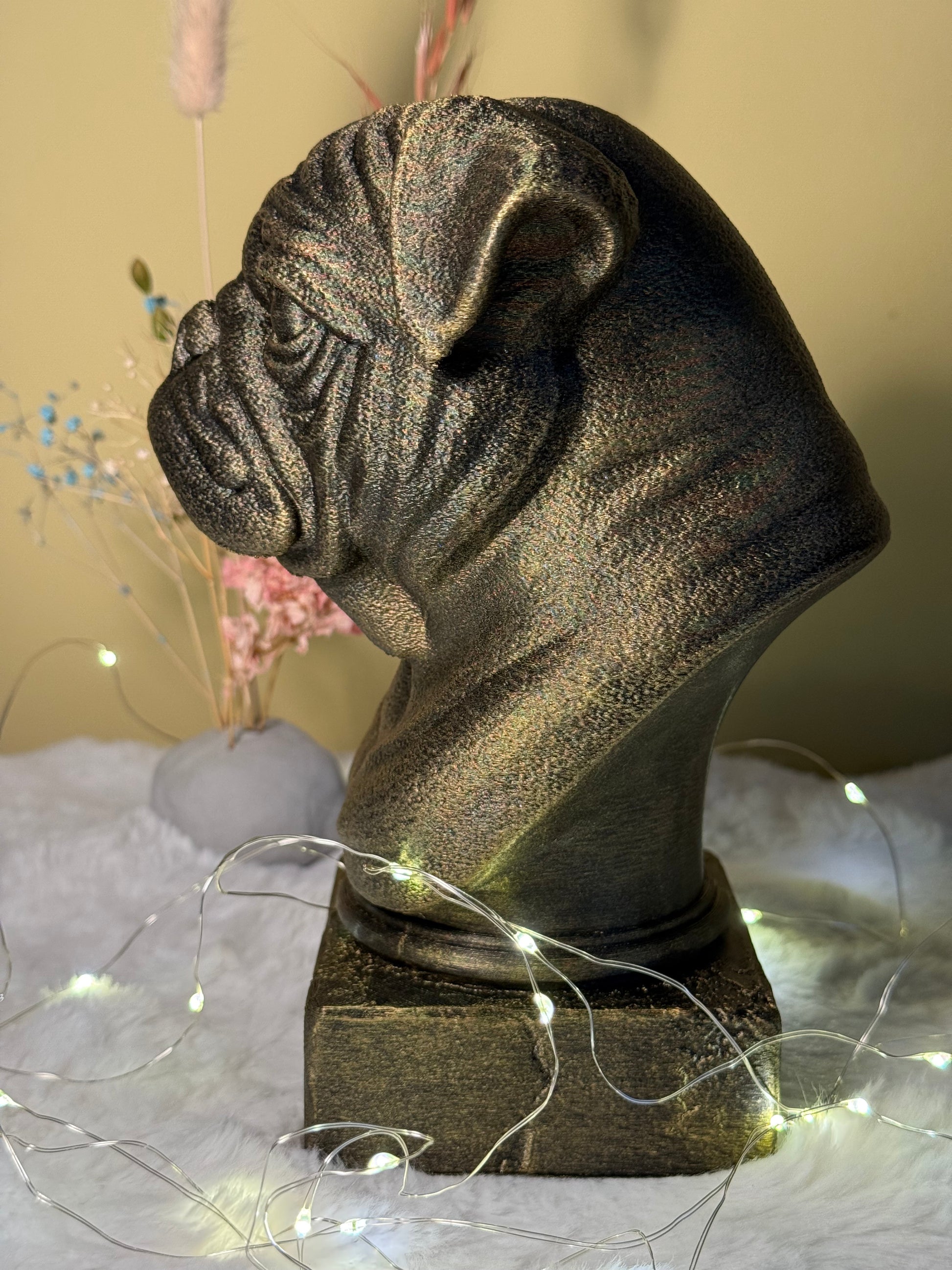 Pug bust detail – antique finish hand-painted 3D print sculpture for dog lovers