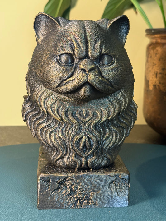Persian Antique Bust – hand-painted 3D cat sculpture in antique black & gold, 14x13x20 cm